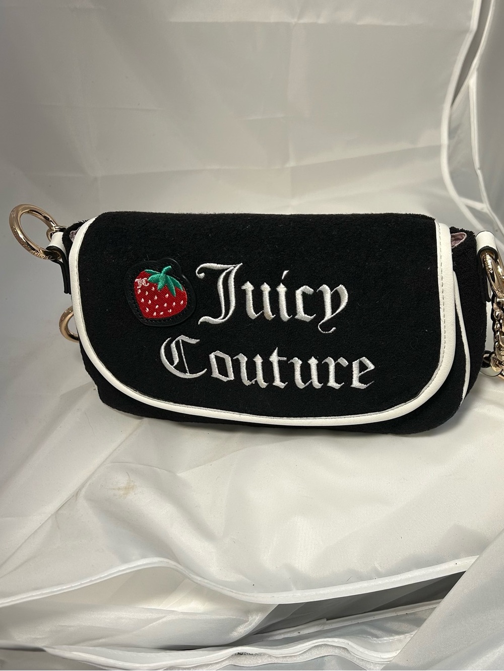 Juicy Couture Black Crossbody Bag with White Trim and Red Strawberry Patch small